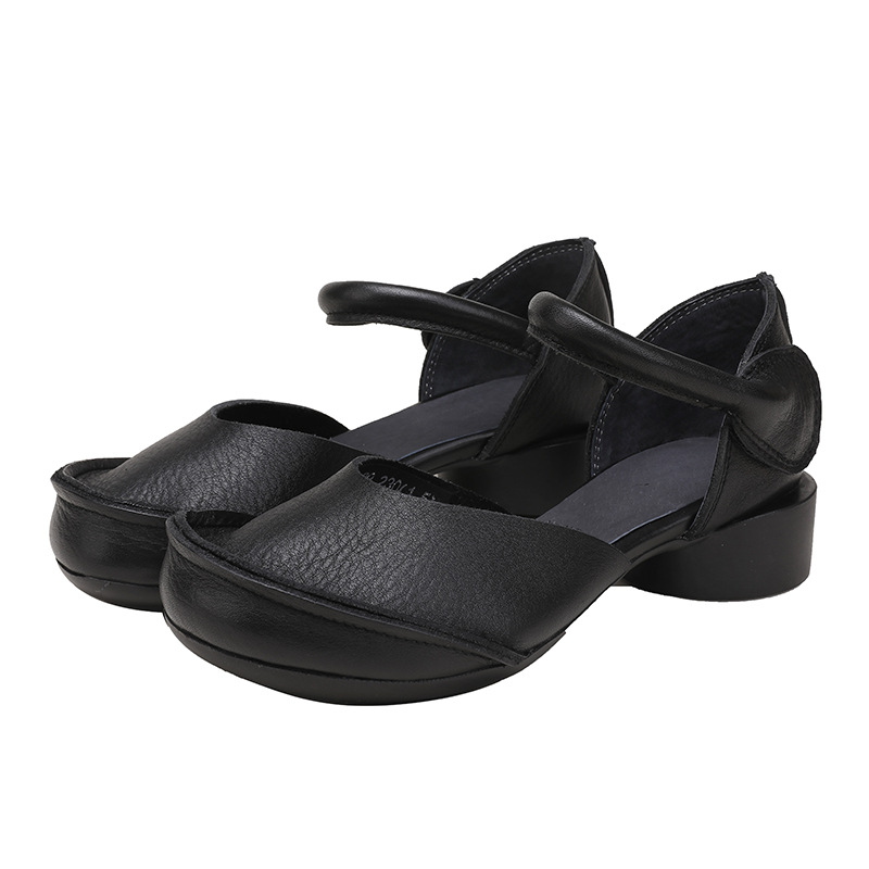 Designsoo Vintage Covered Toe Genuine Leather Chunky Heel Single Shoes