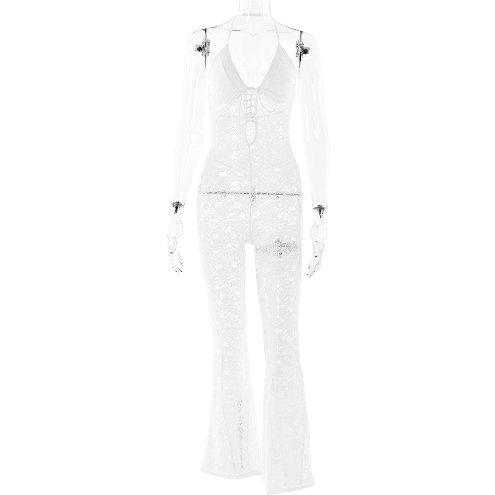 Designsoo Fashionable Hollow Out Lace See-Through Backless Halter Jumpsuit