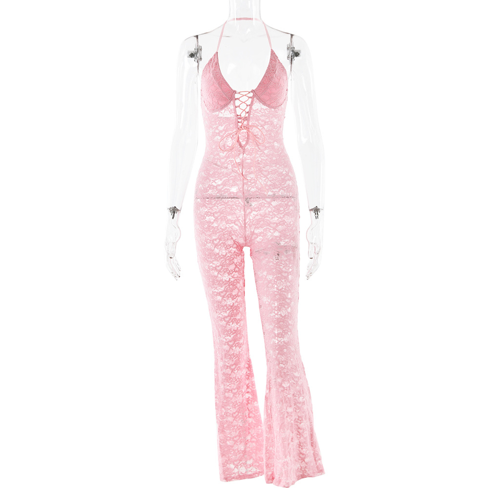 Designsoo Fashionable Hollow Out Lace See-Through Backless Halter Jumpsuit