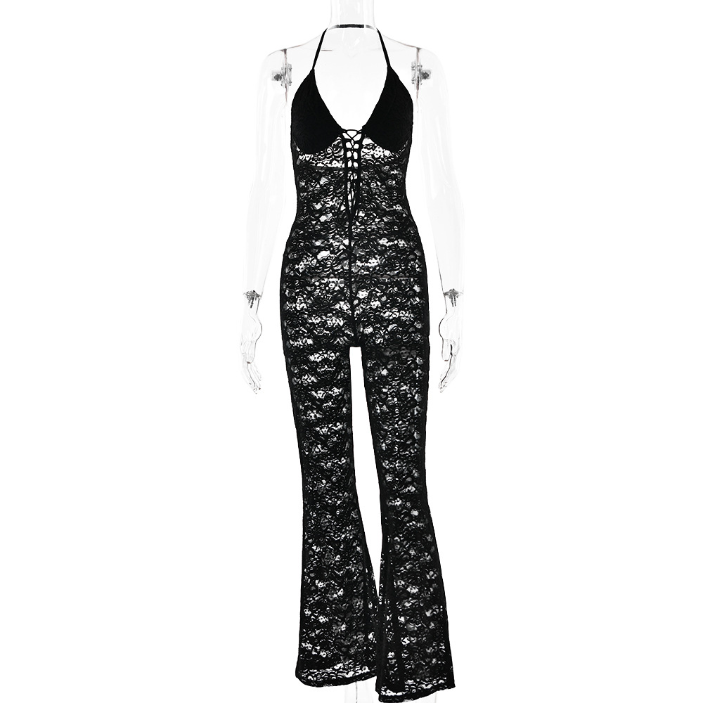 Designsoo Fashionable Hollow Out Lace See-Through Backless Halter Jumpsuit