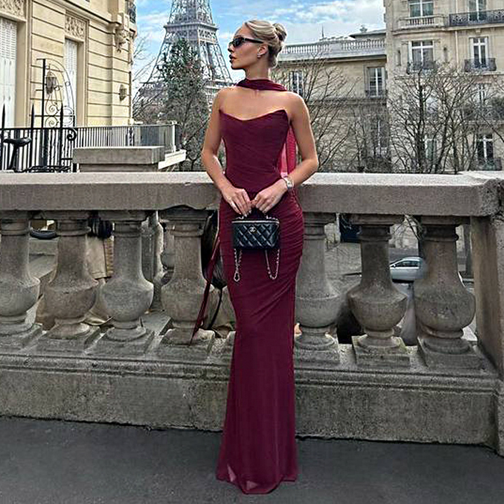 Designsoo Off-the-Shoulder Tie-Back Halter High-Waisted Bodycon Dress Set