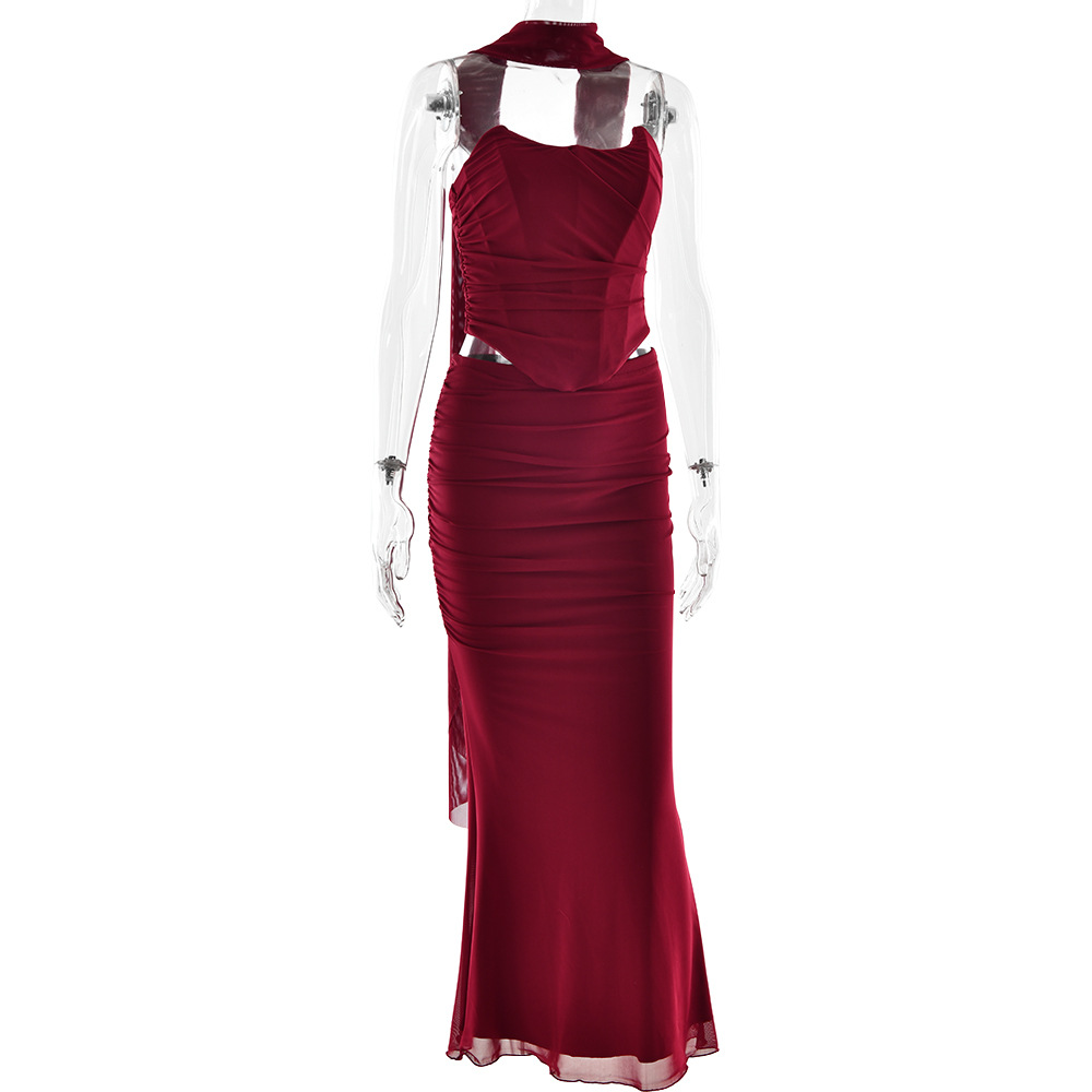 Designsoo Off-the-Shoulder Tie-Back Halter High-Waisted Bodycon Dress Set