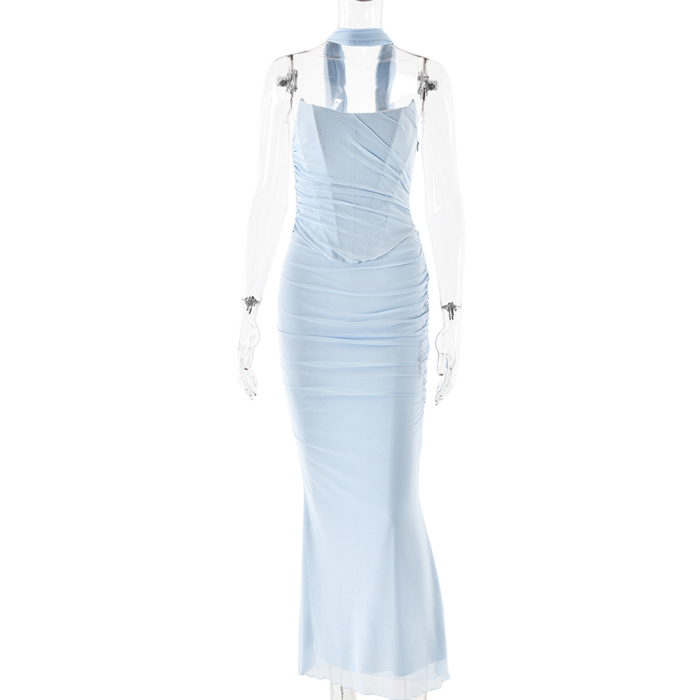 Designsoo Off-the-Shoulder Tie-Back Halter High-Waisted Bodycon Dress Set