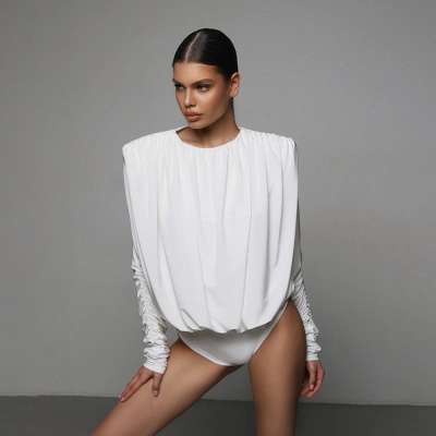 Designsoo Ruched Long Sleeve Base Layer Sexy Backless Jumpsuit 01