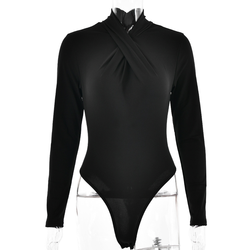 Designsoo Sexy Babe Crossed Ruched Neckline Fitted Long Sleeve Solid Color Patchwork Jumpsuit