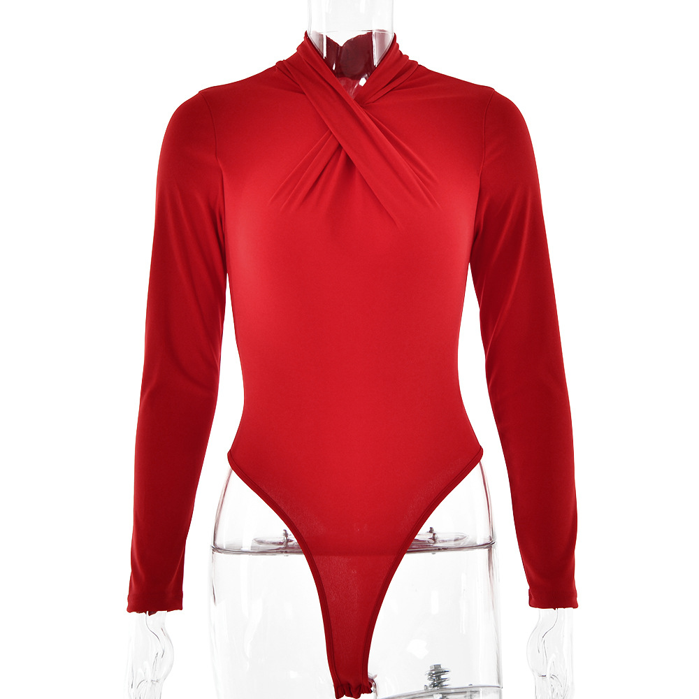 Designsoo Sexy Babe Crossed Ruched Neckline Fitted Long Sleeve Solid Color Patchwork Jumpsuit