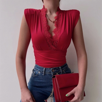 Designsoo Sexy Fashionable V-Neck Sleeveless Lace Panel Waist-Cinching Elegant Jumpsuit 02