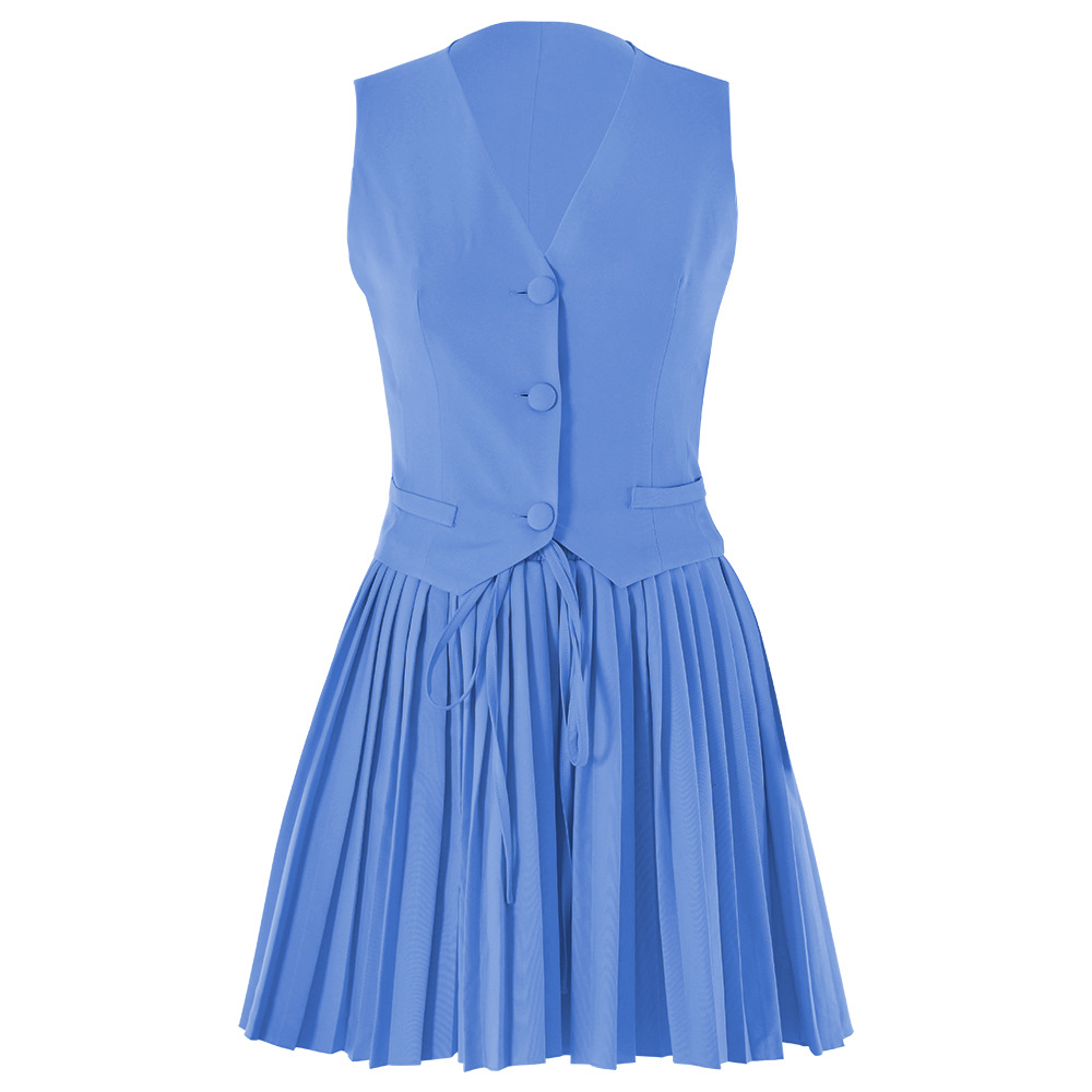 Designsoo Sexy Fashionable V-Neck Sleeveless Vest with Solid Color Pleated Skirt Set