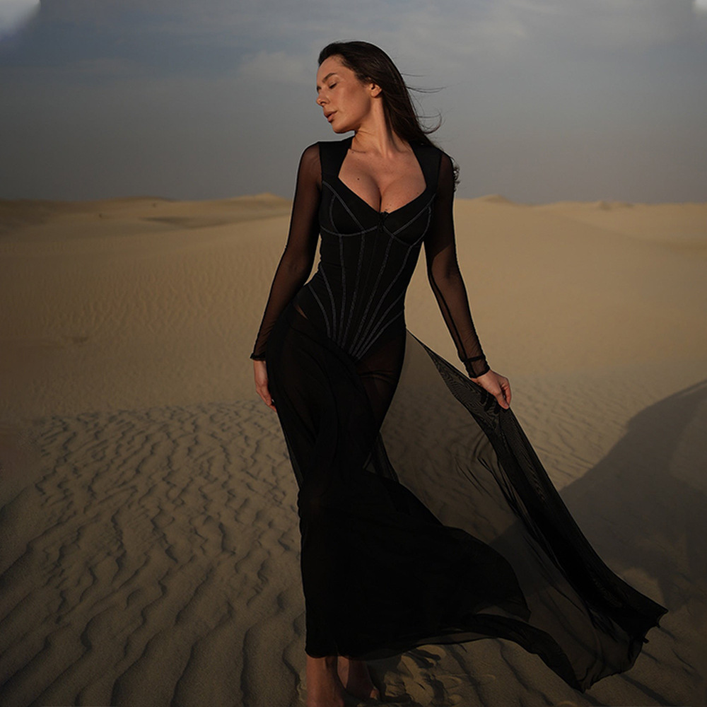 Designsoo Sexy Fitted Long Sleeve Mesh Sheer V-Neck Jumpsuit