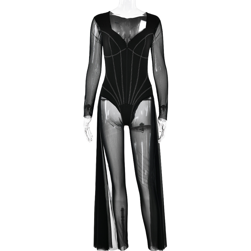 Designsoo Sexy Fitted Long Sleeve Mesh Sheer V-Neck Jumpsuit