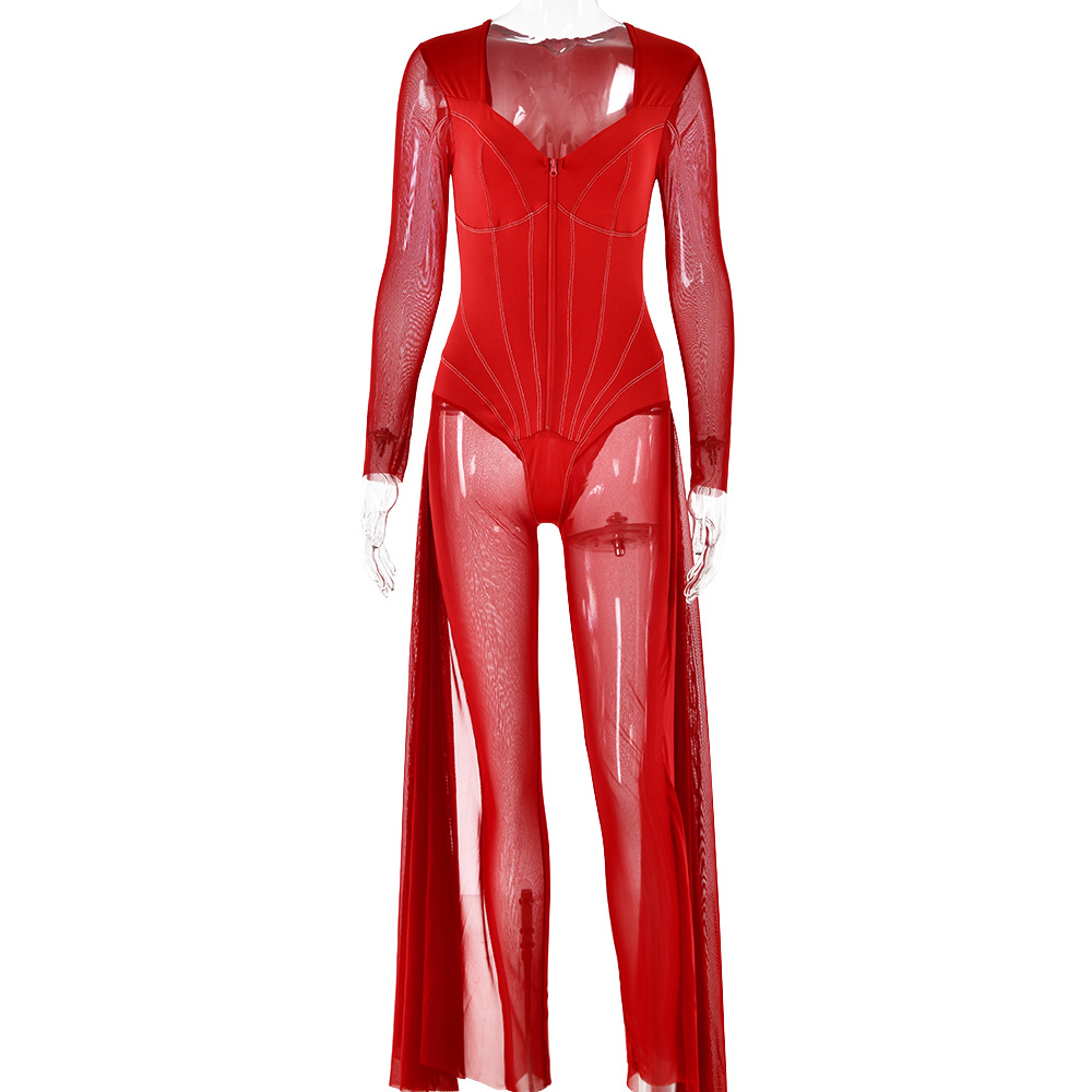 Designsoo Sexy Fitted Long Sleeve Mesh Sheer V-Neck Jumpsuit