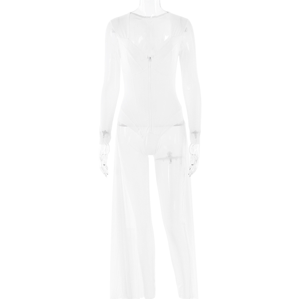 Designsoo Sexy Fitted Long Sleeve Mesh Sheer V-Neck Jumpsuit