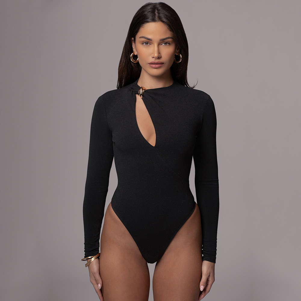 Designsoo Sexy Fitted Long Sleeve Round Neck Hollow Out Solid Color Jumpsuit