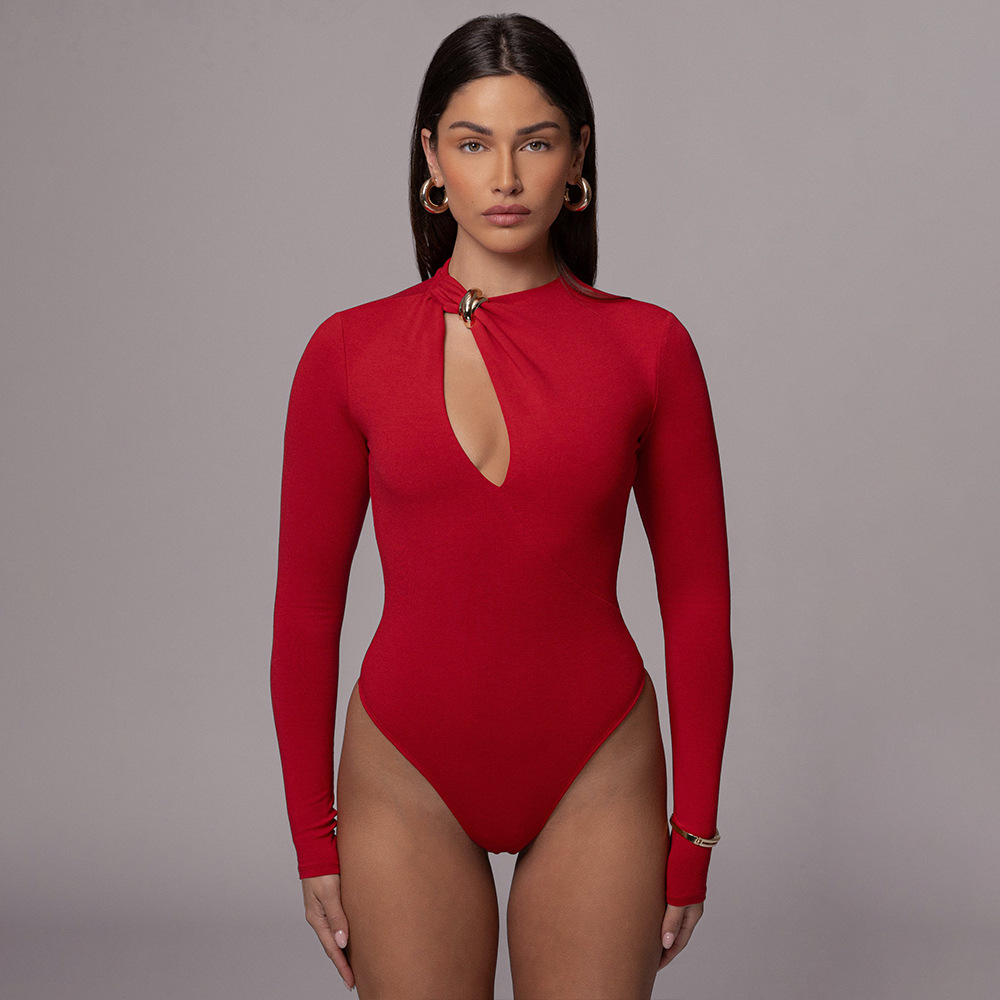 Designsoo Sexy Fitted Long Sleeve Round Neck Hollow Out Solid Color Jumpsuit