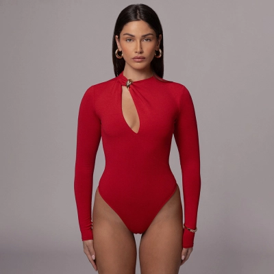 Designsoo Sexy Fitted Long Sleeve Round Neck Hollow Out Solid Color Jumpsuit 01