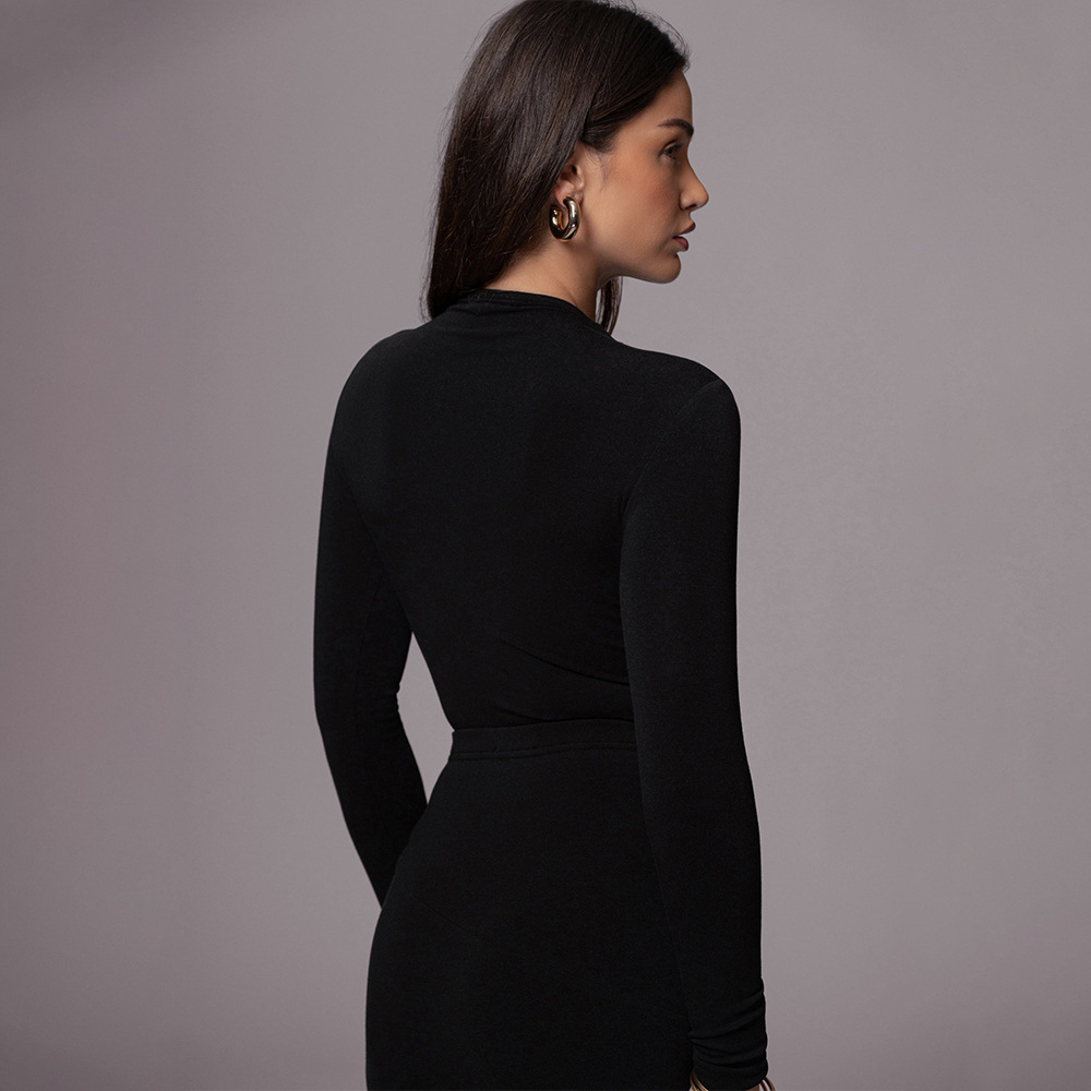 Designsoo Sexy Fitted Long Sleeve Round Neck Hollow Out Solid Color Jumpsuit