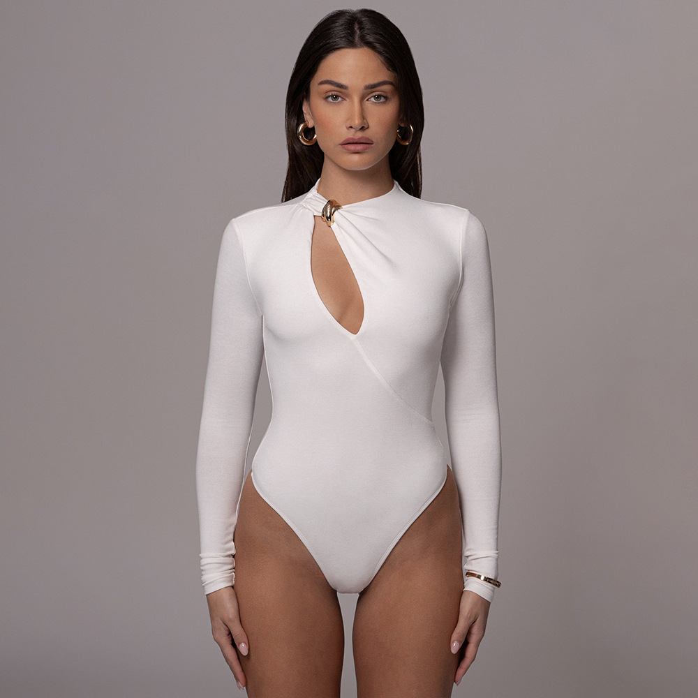 Designsoo Sexy Fitted Long Sleeve Round Neck Hollow Out Solid Color Jumpsuit