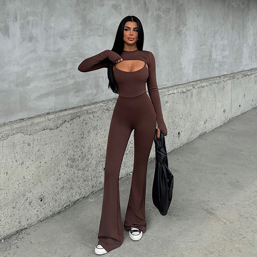 Designsoo Sexy Round Neck Long Sleeve Backless Tight Sports Jumpsuit