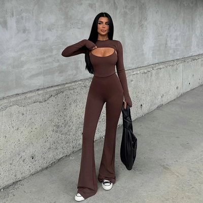 Designsoo Sexy Round Neck Long Sleeve Backless Tight Sports Jumpsuit 02