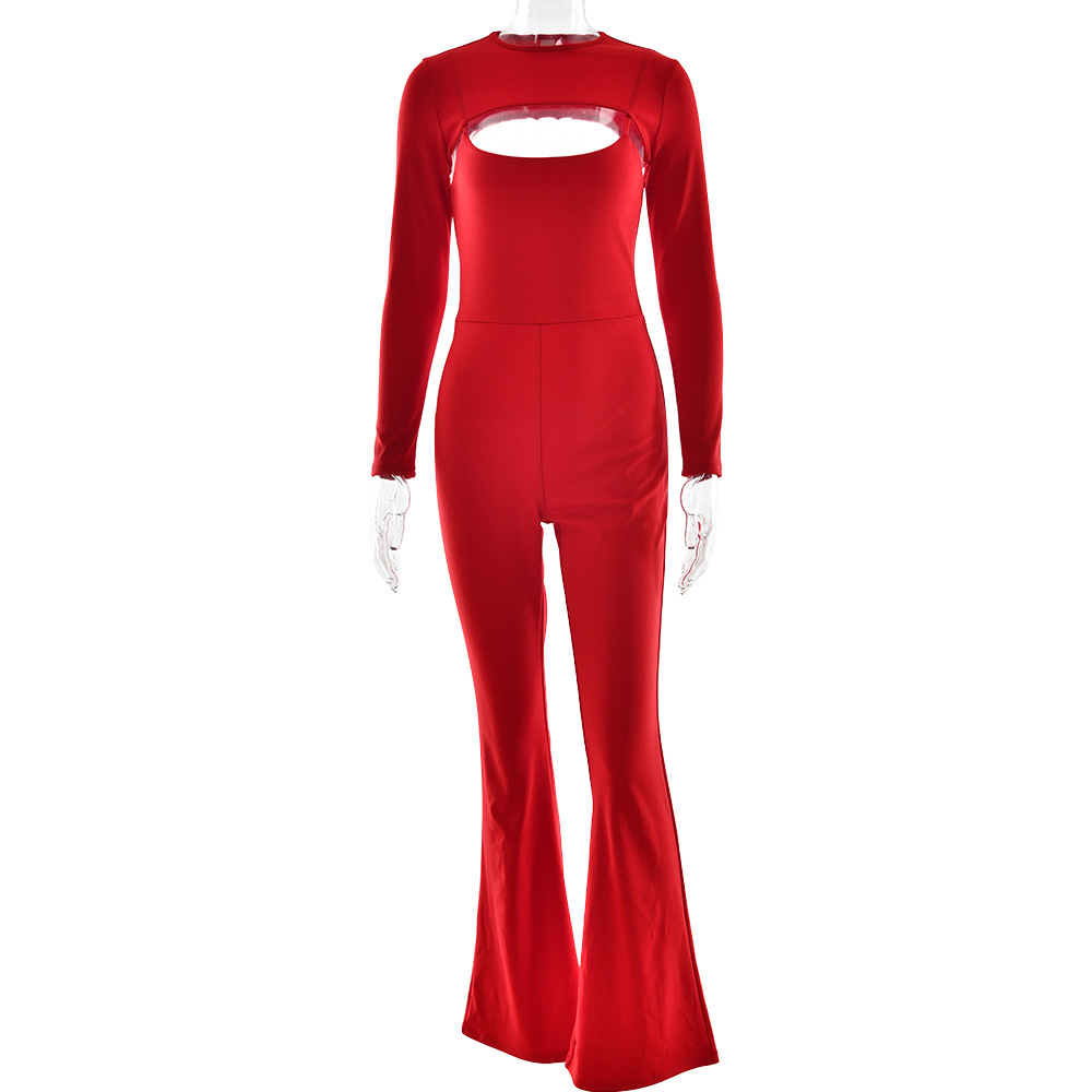 Designsoo Sexy Round Neck Long Sleeve Backless Tight Sports Jumpsuit