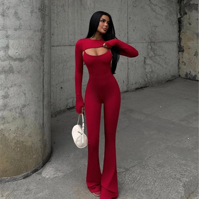 Designsoo Sexy Round Neck Long Sleeve Backless Tight Sports Jumpsuit 01