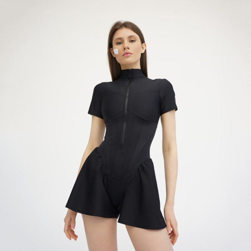 Designsoo Sexy Tight Mini Skirt Jumpsuit with Zipper Base Layer