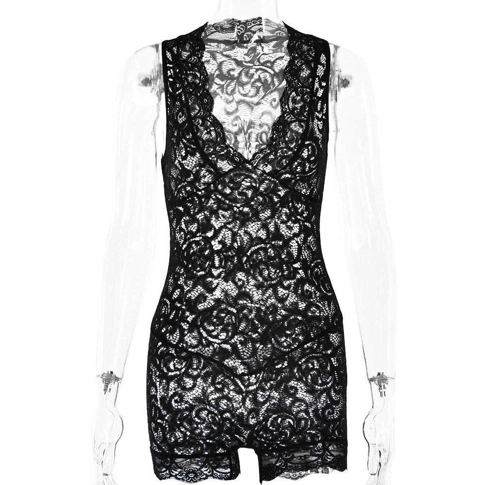 Designsoo Trendy Babe Fiery Sexy Lace Sheer V-Neck Jumpsuit