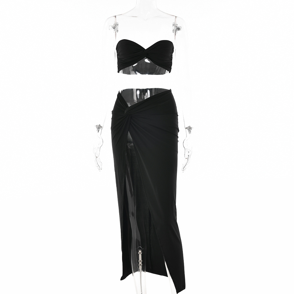 Designsoo Trendy Fitted High-Waisted Slit Skirt Two-Piece Set