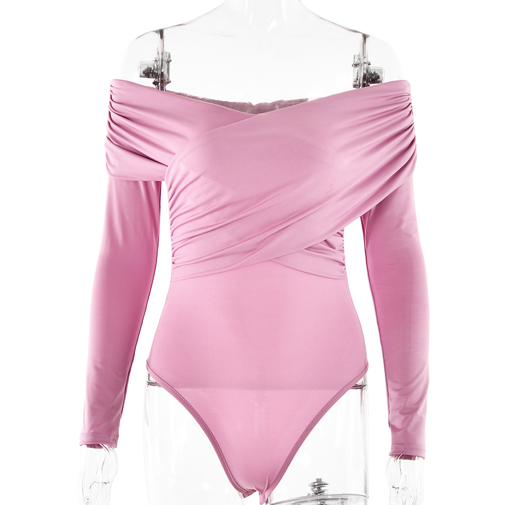 Designsoo Trendy V-Neck Off-the-Shoulder Patchwork Long Sleeve Solid Color Fitted Versatile Jumpsuit