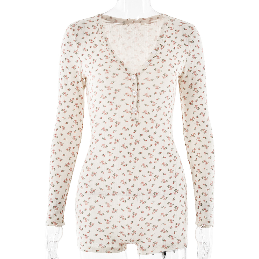 Designsoo V-Neck Long Sleeve Floral Print Jumpsuit