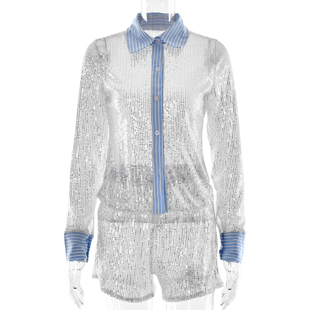 Designsoo Casual Set with Glitter V-Neck Long Shirt and Slim Fit Shorts Fashionable Women's Outfit