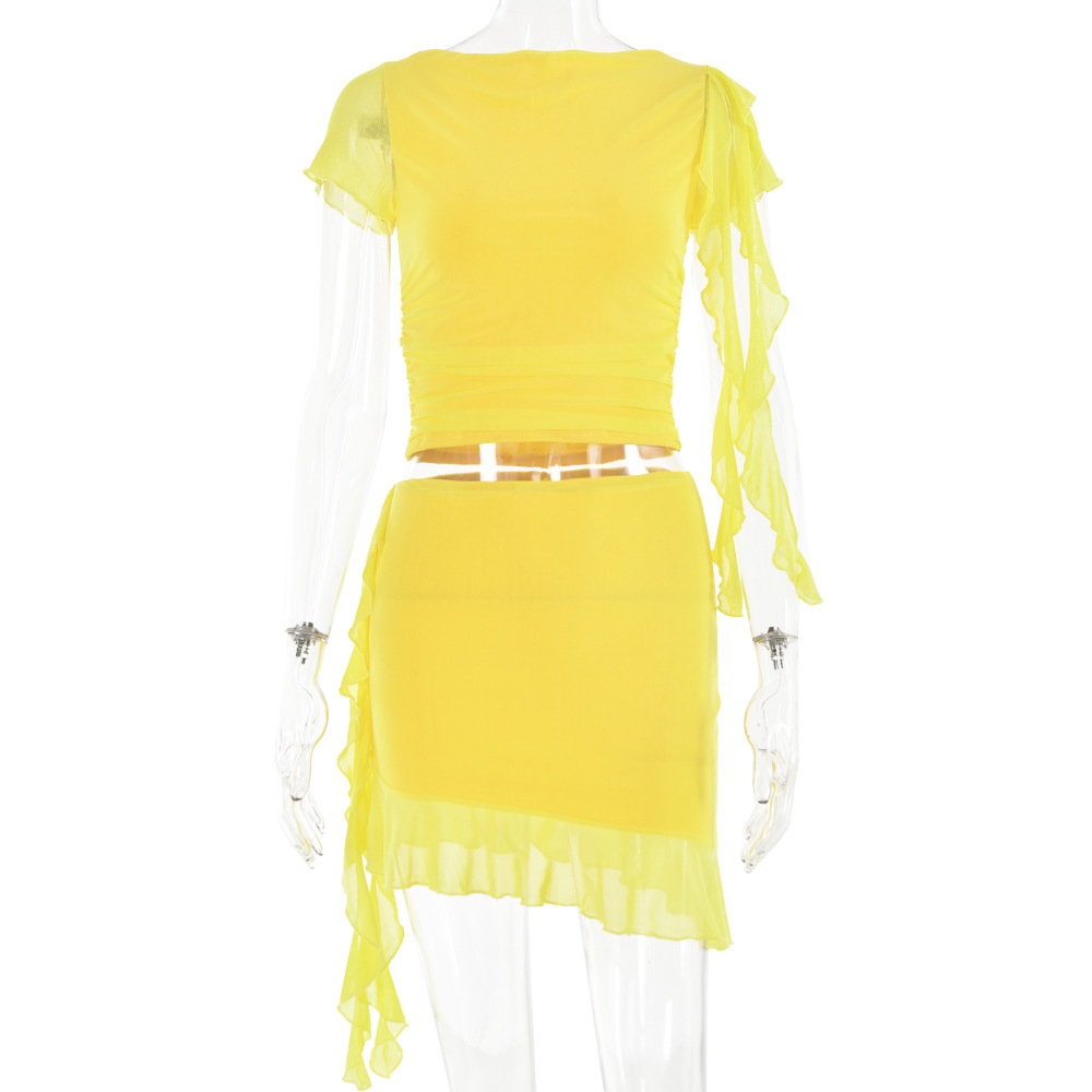 Designsoo Sexy Chic Fit and Flare Wrinkled Mini Skirt Set