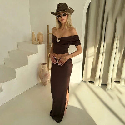 Designsoo Sexy Gathered Off-the-Shoulder Crop Top with Fashionable Bodycon Skirt Set 02