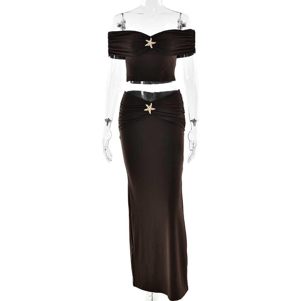 Designsoo Sexy Gathered Off-the-Shoulder Crop Top with Fashionable Bodycon Skirt Set