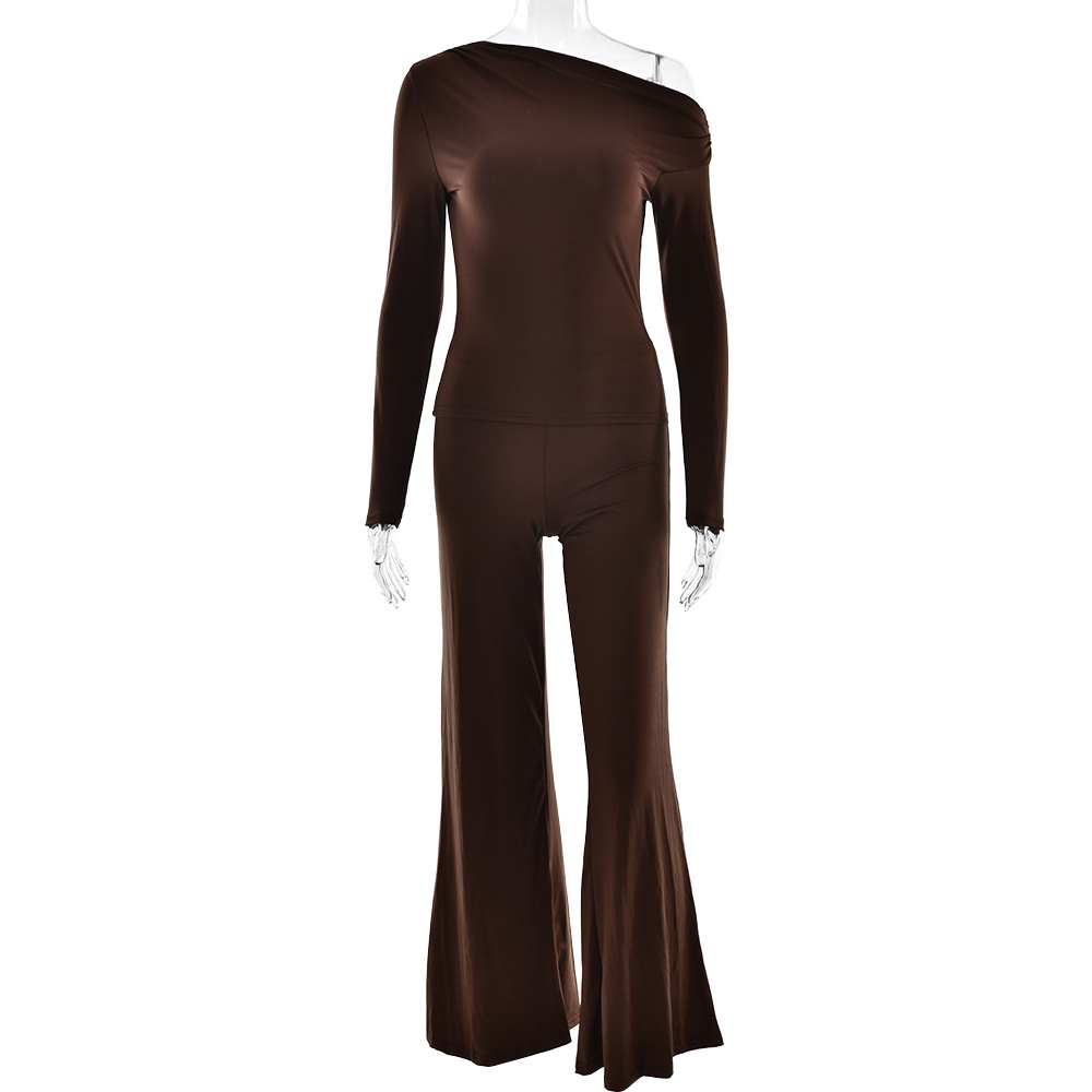 Designsoo Sexy One-Shoulder Top with Bodycon Flare Pants Set