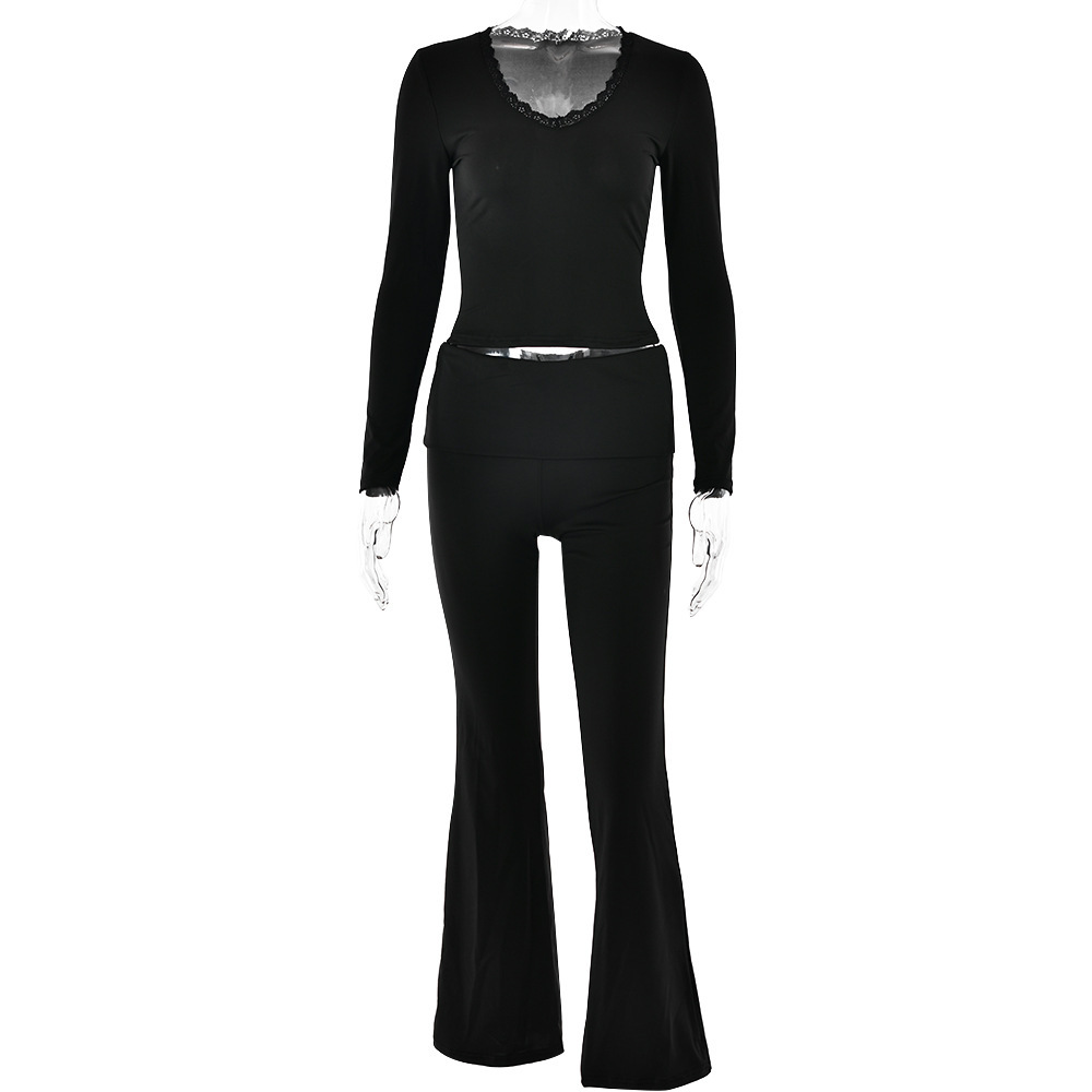 Designsoo Sexy Slim Fit Solid Color V-Neck Crop Top Set