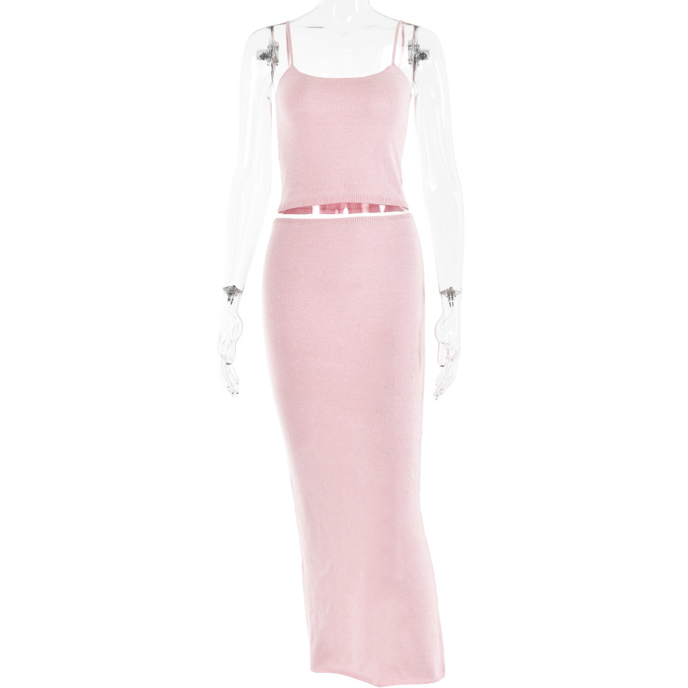 Designsoo Sexy Trendy Backless Camisole with Bodycon Long Skirt Knit Shiny Set