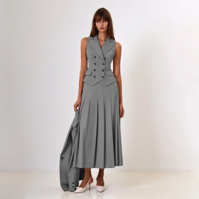 Designsoo Sleeveless Vest Pleated Long Skirt Set 02