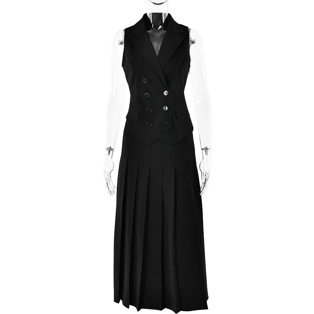 Designsoo Sleeveless Vest Pleated Long Skirt Set