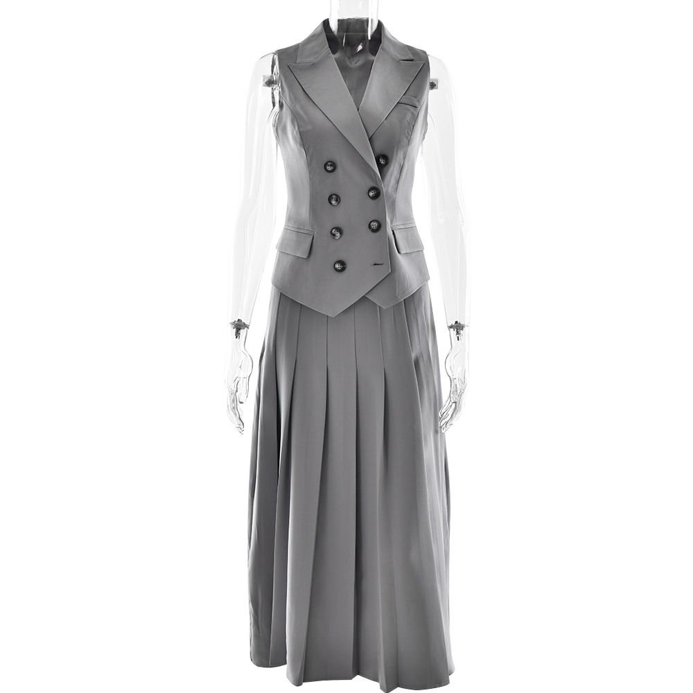 Designsoo Sleeveless Vest Pleated Long Skirt Set