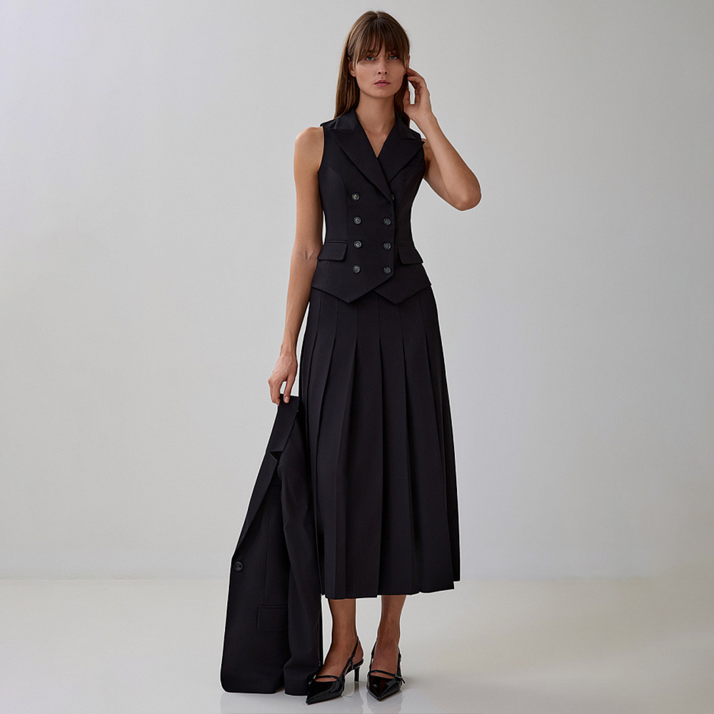 Designsoo Sleeveless Vest Pleated Long Skirt Set