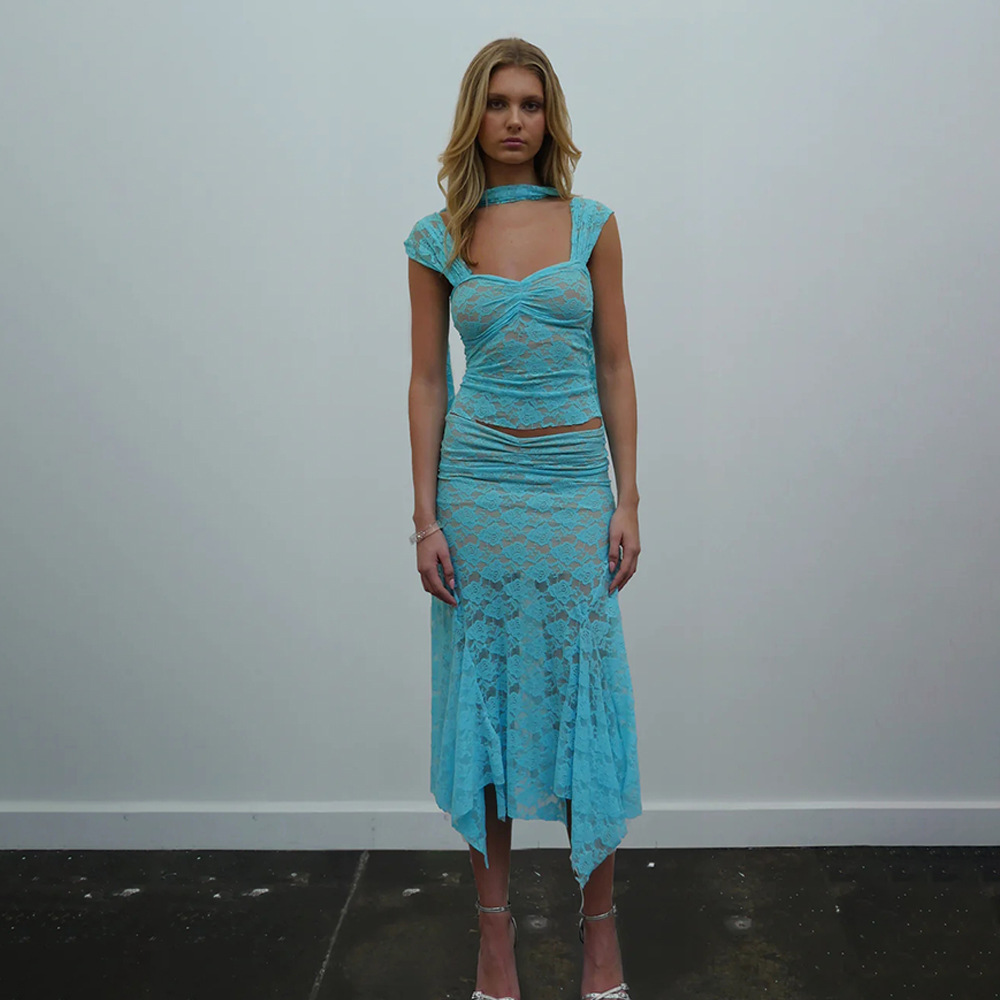 Designsoo Lace Strap Backless Patchwork Maxi Dress Set