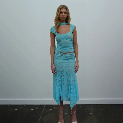 Designsoo Lace Strap Backless Patchwork Maxi Dress Set 01