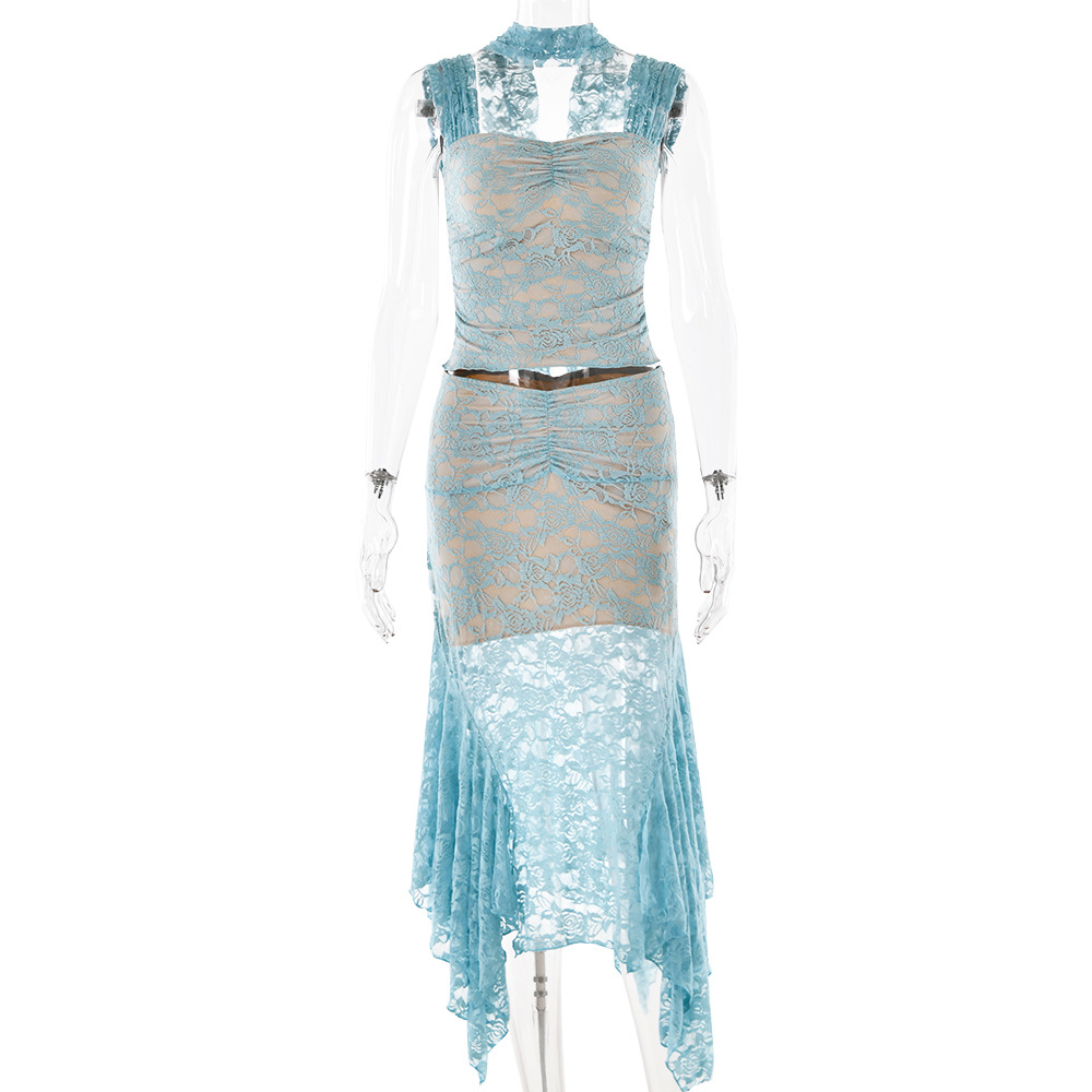 Designsoo Lace Strap Backless Patchwork Maxi Dress Set