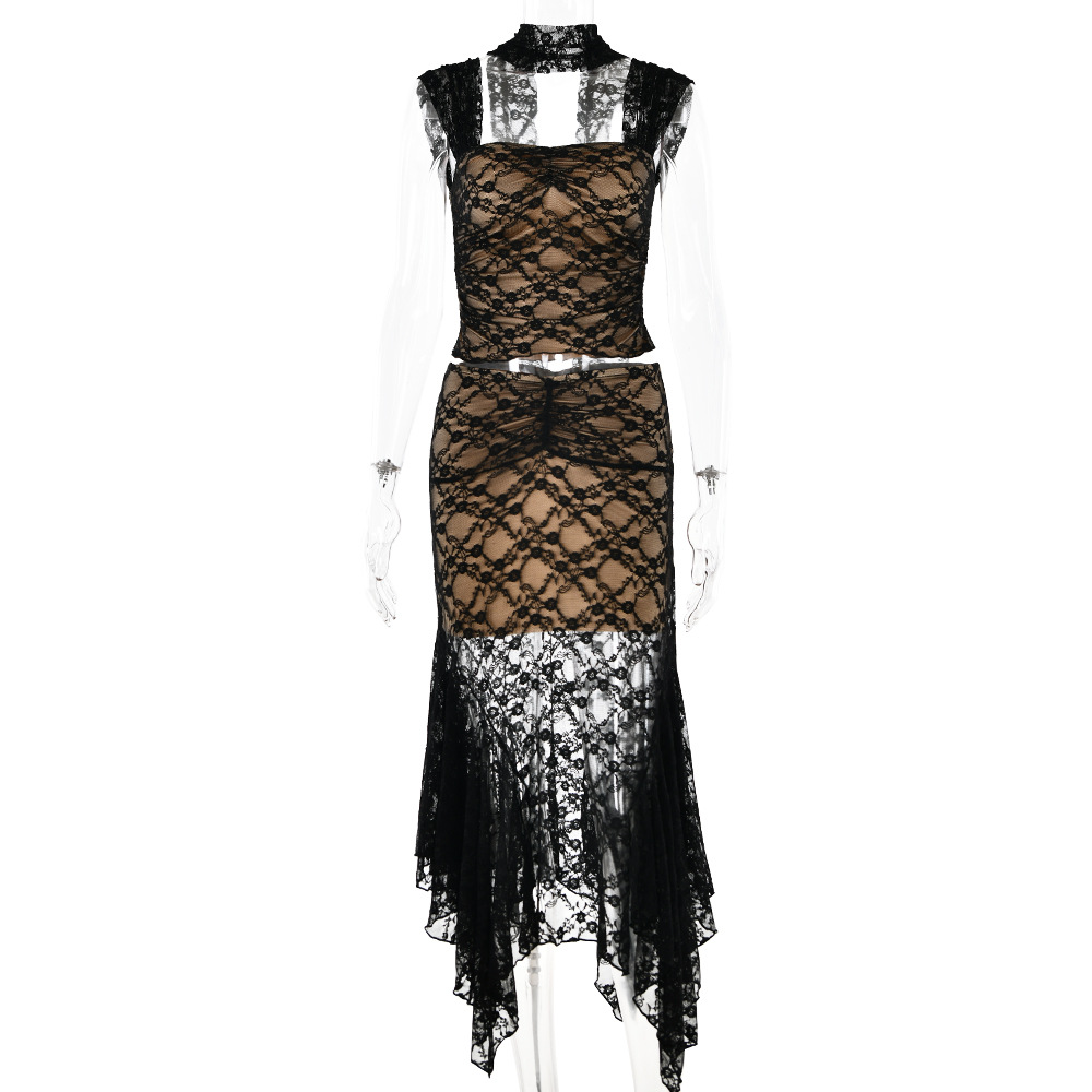 Designsoo Lace Strap Backless Patchwork Maxi Dress Set