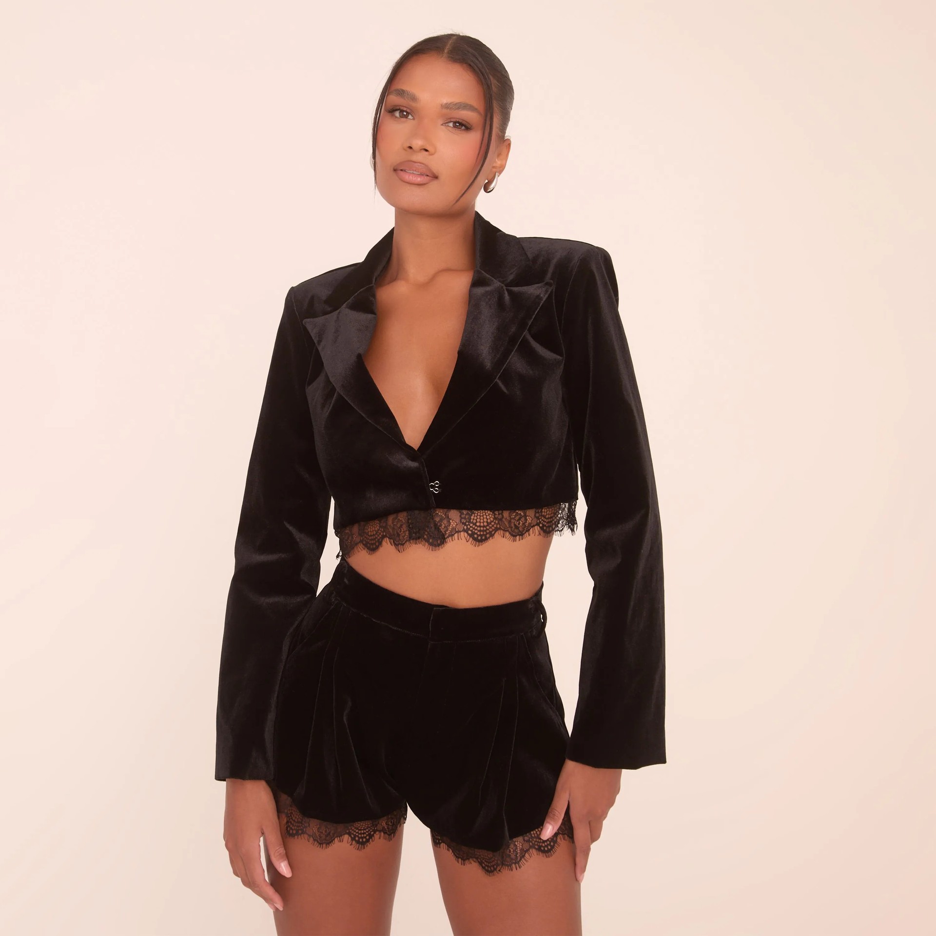 Designsoo Lace Trim Two-Piece Set - Sexy Crop Top and Bodycon Shorts