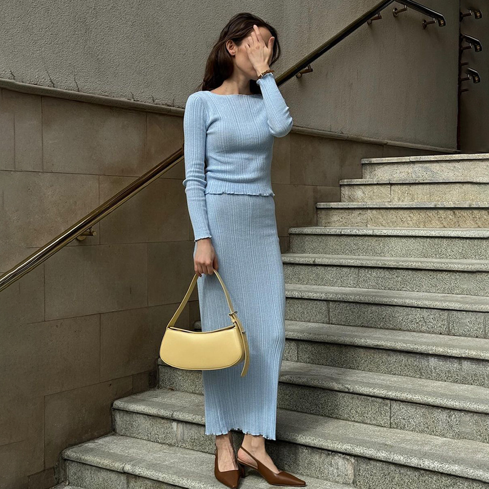 Designsoo New Knit Set | Sexy Slim Fit Long Sleeve Top + Trendy High Waist Long Skirt