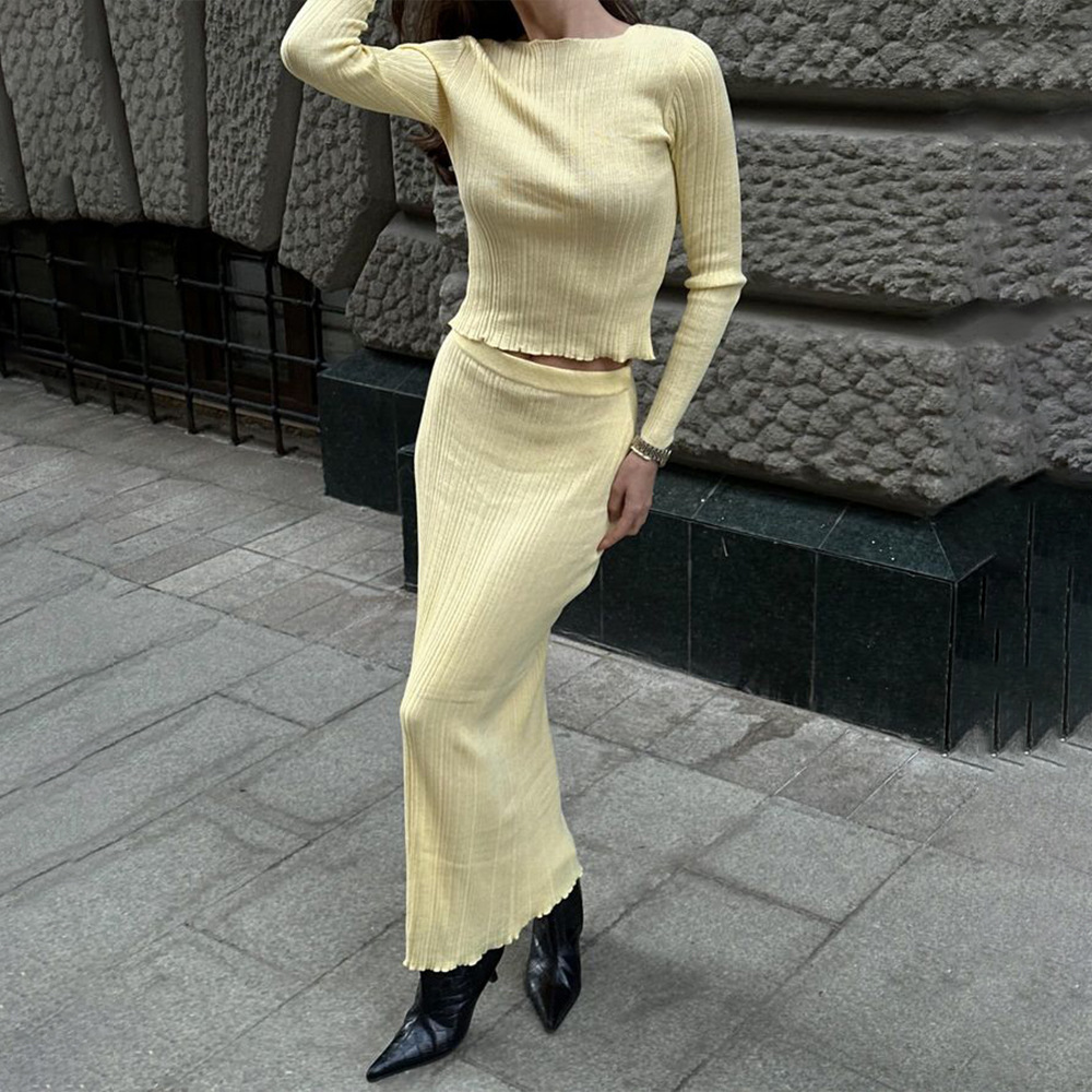 Designsoo New Knit Set | Sexy Slim Fit Long Sleeve Top + Trendy High Waist Long Skirt