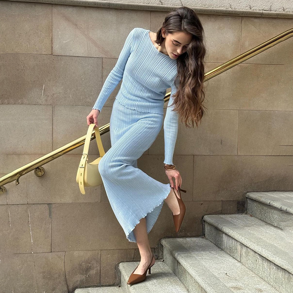 Designsoo New Knit Set | Sexy Slim Fit Long Sleeve Top + Trendy High Waist Long Skirt