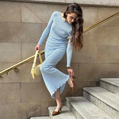 Designsoo New Knit Set | Sexy Slim Fit Long Sleeve Top + Trendy High Waist Long Skirt 02